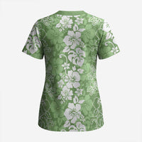 Hawaiian Lei Day Scrub Top Green Hibiscus Flowers Lei Art - Polynesian Pride