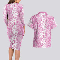 Hawaiian Lei Day Couples Matching Long Sleeve Bodycon Dress and Hawaiian Shirt Pink Hibiscus Flowers Lei Art