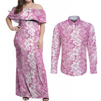Hawaiian Lei Day Couples Matching Off Shoulder Maxi Dress and Long Sleeve Button Shirt Pink Hibiscus Flowers Lei Art