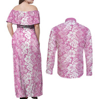 Hawaiian Lei Day Couples Matching Off Shoulder Maxi Dress and Long Sleeve Button Shirt Pink Hibiscus Flowers Lei Art