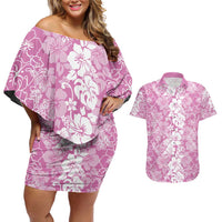 Hawaiian Lei Day Couples Matching Off Shoulder Short Dress and Hawaiian Shirt Pink Hibiscus Flowers Lei Art