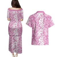 Hawaiian Lei Day Couples Matching Puletasi and Hawaiian Shirt Pink Hibiscus Flowers Lei Art