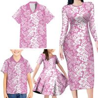 Hawaiian Lei Day Family Matching Long Sleeve Bodycon Dress and Hawaiian Shirt Pink Hibiscus Flowers Lei Art