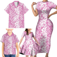 Hawaiian Lei Day Family Matching Short Sleeve Bodycon Dress and Hawaiian Shirt Pink Hibiscus Flowers Lei Art