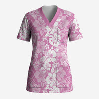 Hawaiian Lei Day Scrub Top Pink Hibiscus Flowers Lei Art - Polynesian Pride