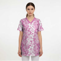 Hawaiian Lei Day Scrub Top Pink Hibiscus Flowers Lei Art - Polynesian Pride