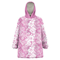 Hawaiian Lei Day Wearable Blanket Hoodie Pink Hibiscus Flowers Lei Art