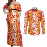 Hawaiian Lei Day Couples Matching Off Shoulder Maxi Dress and Long Sleeve Button Shirt Red Hibiscus Flowers Lei Art
