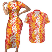 Hawaiian Lei Day Couples Matching Short Sleeve Bodycon Dress and Hawaiian Shirt Red Hibiscus Flowers Lei Art LT9 Red - Polynesian Pride