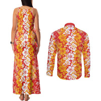 Hawaiian Lei Day Couples Matching Tank Maxi Dress and Long Sleeve Button Shirt Red Hibiscus Flowers Lei Art