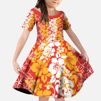 Hawaiian Lei Day Family Matching Off The Shoulder Long Sleeve Dress and Hawaiian Shirt Red Hibiscus Flowers Lei Art LT9 Daughter's Dress Red - Polynesian Pride