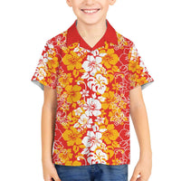 Hawaiian Lei Day Family Matching Off The Shoulder Long Sleeve Dress and Hawaiian Shirt Red Hibiscus Flowers Lei Art LT9 Son's Shirt Red - Polynesian Pride