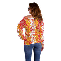 Hawaiian Lei Day Off Shoulder Sweater Red Hibiscus Flowers Lei Art