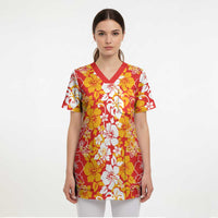 Hawaiian Lei Day Scrub Top Red Hibiscus Flowers Lei Art - Polynesian Pride