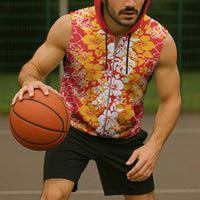 Hawaiian Lei Day Sleeveless Zip Hoodie Red Hibiscus Flowers Lei Art - Polynesian Pride