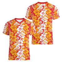 Hawaiian Lei Day Women V-Neck T-Shirt Red Hibiscus Flowers Lei Art
