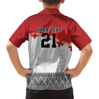 Ikale Tahi Pacific Tonga Rugby Custom Family Matching Off Shoulder Short Dress and Hawaiian Shirt Tongan Ngatu with Flag Pattern