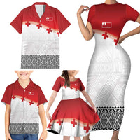 Ikale Tahi Pacific Tonga Rugby Custom Family Matching Short Sleeve Bodycon Dress and Hawaiian Shirt Tongan Ngatu with Flag Pattern LT9 - Polynesian Pride