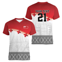 Ikale Tahi Pacific Tonga Rugby Custom Women V-Neck T-Shirt Tongan Ngatu with Flag Pattern