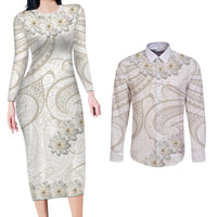 Tokelau Gardenia Thunbergia Couples Matching Long Sleeve Bodycon Dress and Long Sleeve Button Shirt Black Polynesian Art Vibe