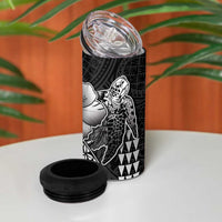 Hawaiian Sea Turtle 4 in 1 Can Cooler Tumbler Black Hibiscus Flowers and Kakau Pattern