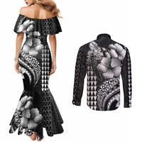 Hawaiian Sea Turtle Couples Matching Mermaid Dress and Long Sleeve Button Shirt Black Hibiscus Flowers and Kakau Pattern