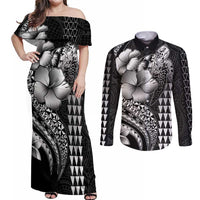 Hawaiian Sea Turtle Couples Matching Off Shoulder Maxi Dress and Long Sleeve Button Shirt Black Hibiscus Flowers and Kakau Pattern