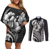 Hawaiian Sea Turtle Couples Matching Off Shoulder Short Dress and Long Sleeve Button Shirt Black Hibiscus Flowers and Kakau Pattern