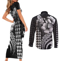 Hawaiian Sea Turtle Couples Matching Short Sleeve Bodycon Dress and Long Sleeve Button Shirt Black Hibiscus Flowers and Kakau Pattern
