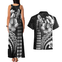 Hawaiian Sea Turtle Couples Matching Tank Maxi Dress and Hawaiian Shirt Black Hibiscus Flowers and Kakau Pattern
