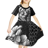 Hawaiian Sea Turtle Kid Short Sleeve Dress Black Hibiscus Flowers and Kakau Pattern