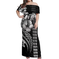 Hawaiian Sea Turtle Off Shoulder Maxi Dress Black Hibiscus Flowers and Kakau Pattern