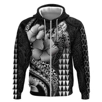 Hawaiian Sea Turtle Zip Hoodie Black Hibiscus Flowers and Kakau Pattern