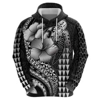 Hawaiian Sea Turtle Zip Hoodie Black Hibiscus Flowers and Kakau Pattern