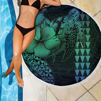 Hawaiian Sea Turtle Beach Blanket Blue Hibiscus Flowers and Kakau Pattern