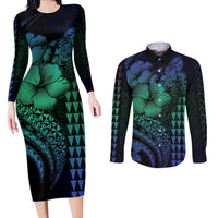 Hawaiian Sea Turtle Couples Matching Long Sleeve Bodycon Dress and Long Sleeve Button Shirt Blue Hibiscus Flowers and Kakau Pattern