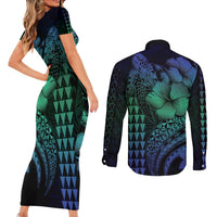 Hawaiian Sea Turtle Couples Matching Short Sleeve Bodycon Dress and Long Sleeve Button Shirt Blue Hibiscus Flowers and Kakau Pattern