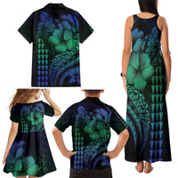 Hawaiian Sea Turtle Family Matching Tank Maxi Dress and Hawaiian Shirt Blue Hibiscus Flowers and Kakau Pattern