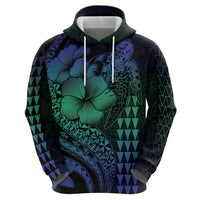 Hawaiian Sea Turtle Hoodie Blue Hibiscus Flowers and Kakau Pattern