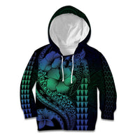 Hawaiian Sea Turtle Kid Hoodie Blue Hibiscus Flowers and Kakau Pattern