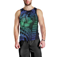 Hawaiian Sea Turtle Men Tank Top Blue Hibiscus Flowers and Kakau Pattern