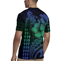 Hawaiian Sea Turtle Rugby Jersey Blue Hibiscus Flowers and Kakau Pattern
