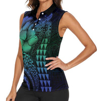 Hawaiian Sea Turtle Women Sleeveless Polo Shirt Blue Hibiscus Flowers and Kakau Pattern