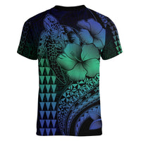 Hawaiian Sea Turtle Women V-Neck T-Shirt Blue Hibiscus Flowers and Kakau Pattern