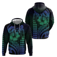 Hawaiian Sea Turtle Zip Hoodie Blue Hibiscus Flowers and Kakau Pattern