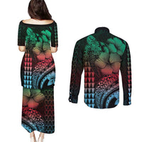 Hawaiian Sea Turtle Couples Matching Puletasi and Long Sleeve Button Shirt Green Hibiscus Flowers and Kakau Pattern