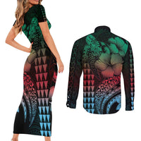 Hawaiian Sea Turtle Couples Matching Short Sleeve Bodycon Dress and Long Sleeve Button Shirt Green Hibiscus Flowers and Kakau Pattern