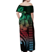 Hawaiian Sea Turtle Off Shoulder Maxi Dress Green Hibiscus Flowers and Kakau Pattern