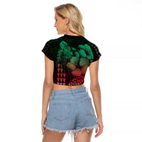 Hawaiian Sea Turtle Raglan Cropped T Shirt Green Hibiscus Flowers and Kakau Pattern