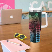 Hawaiian Sea Turtle Tumbler With Handle Green Hibiscus Flowers and Kakau Pattern